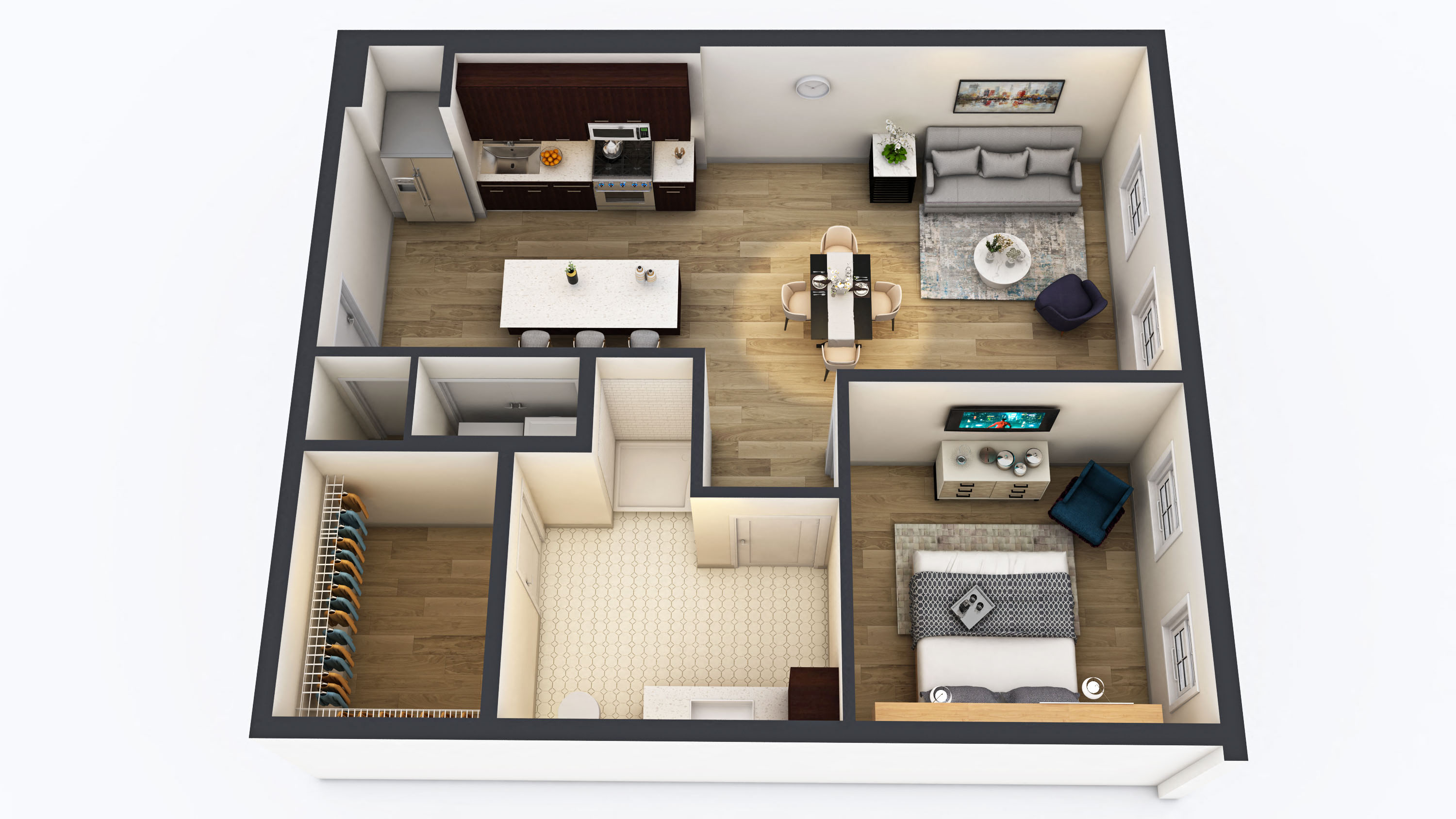 Floor plan for 1 bed, 1 bath, 747 sqft